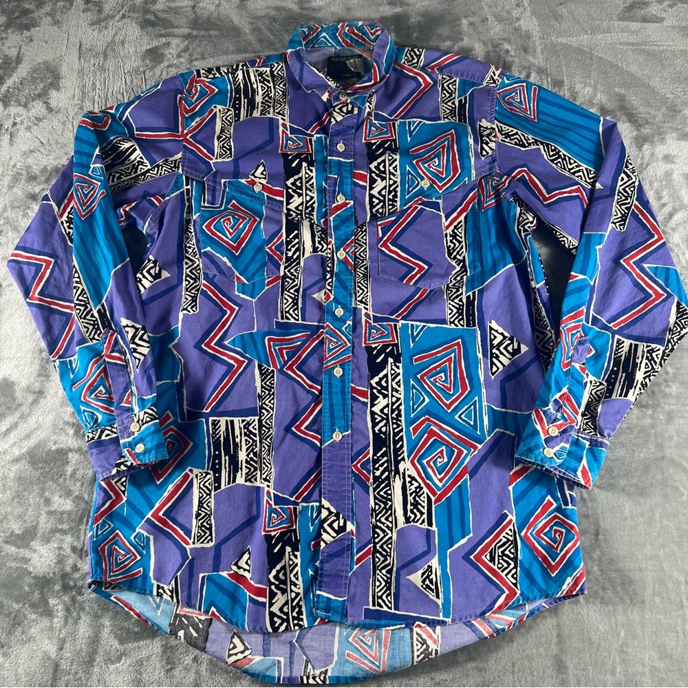 Vtg Wrangler Front Series Mens LT Western Multicolor Geometric Rodeo Cowboyshirt